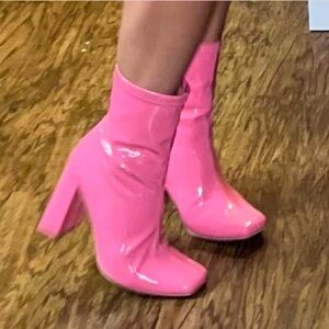 SHEIN Glossy Pink Vinyl Faux Leather Heeled Barbie Boots